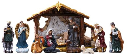 Julkrubbset harts – 12 figurer helig familj, kristna bordsdekorationer för barn, mini krubbfigurer med realistiska färger till jul | dekoration för öppen spis vardagsrum och