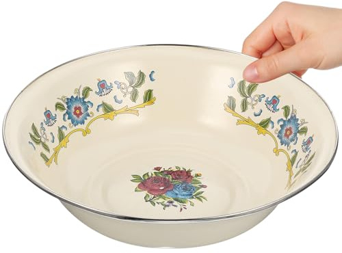TOYANDONA Ciotola Smaltata Vintage 30Cm Motivo Floreale Bacinella Smaltata per Zuppa e Mescolare Contenitore Smaltato per Uso Domestico e Conservazione in Stile Retrò Bianco Latte
