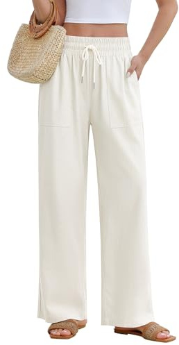 PASUDA Pantalones Mujer Verano de Lino Pantalon Anchos Frescos Cintura Alta Elástico Casuales Fluido Largo Pantalón Comodo Ligeros Largos Pants de Playa con Bolsillos Cordón (Blanco, S)