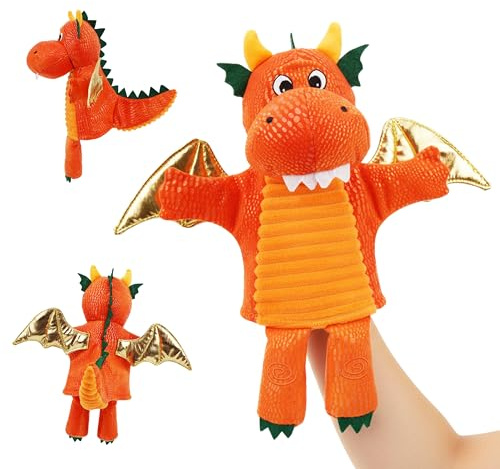 Lullaberry Plüsch Drache Handpuppe - Orange Fantasy Geschichtenerzählen Spielzeug mit goldenen Flügeln - Pretend Play Adventure für Kleinkinder und Kinder