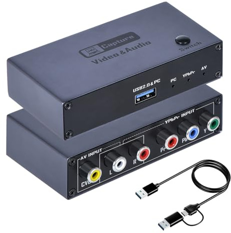 Convertisseur VHS RCA YPbPr vers numérique, 1080p 60 Hz Composite Audio Vidéo vers USB Carte de capture vidéo pour VHS VCR DVD PS2 Wii N64, compatible avec Windows Mac Linux Android