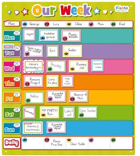 Magnetic Weekly Planner Timetable by Fiesta Crafts - Kids Schedule Planner - Visual timetable for kids and the Whole Family -Visual Wipe-Clean Magnetic Daily Calendar For The Family's Activities