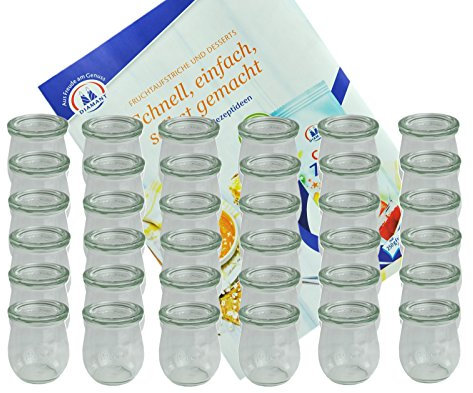 MamboCat 36er Set Weck Gläser 220 ml Tulpengläser mit 36 Glasdeckeln incl. Diamant-Zucker Gelierzauber Rezeptheft I Weck Tulpenglas Dessertglas I Einweckgläser mit Deckel für Obst Gemüse UVM