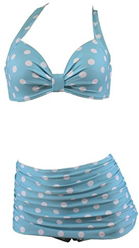 Aloha-Beachwear A1061 Bikini taille haute, motif à pois, attaches autour du cou, style rétro - Turquoise - S