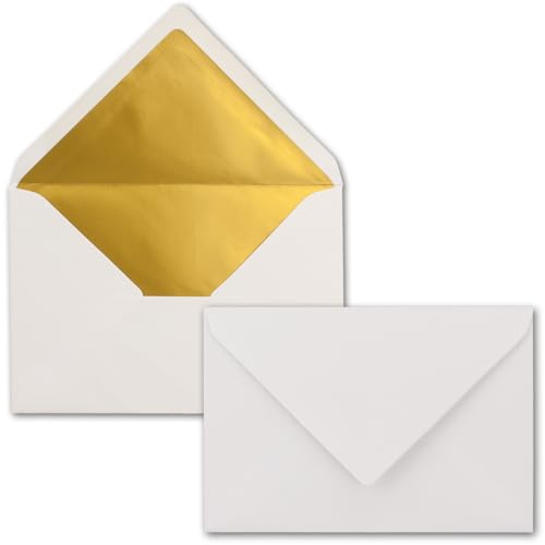 25x Briefumschlag DIN C6 - Weiß mit Goldfutter | Edle C6 Kuverts mit Nassklebung - 11,4 x 16,2 cm - Metallic-Fütterung, matte Oberfläche, ohne Fenster - ideal für Einladungen