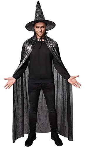 dressforfun tectake Unisex Set Hut und Umhang Spinnennetz | Bestehehend aus edlem Hut und Umhang | Zauberhaftes Spinnennetz-Muster in Silber (150 cm | Nr. 301655)