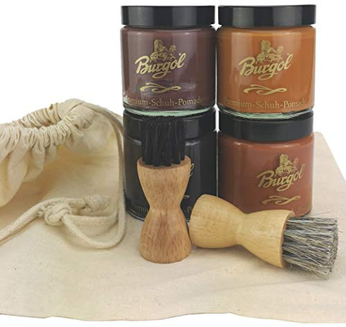 Schuhpflegeset mit Burgol Schuhpomade Dunkelbraun, Mittelbraun, Hellbraun, Cognac für Glattleder