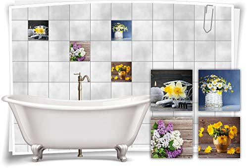 Medianlux Fliesen-Aufkleber SPA Wellness Gänseblümchen Flieder Löwenzahn Holz Bad WC Deko, 15x15cm fp5p675q-140613