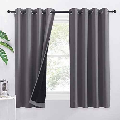 PONY DANCE Vorhang Grau Blickdicht Ösenschal 2er Set Wärmeisolierende Gardinen Schlafzimmer Doppellagige Verdunklugsgardine Kurz Thermovorhang Hitzeschutz mit Ösen, H 160 x B 140 cm | H 160 x B 140 cm, Grau, Verdunkelung, Doppellagig, Dick, Schwer, mit Ösen, für Schlafzimmer, Wohnzimmer, Büro, 2er Set