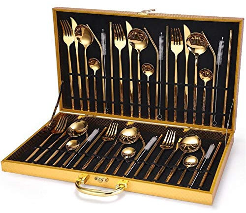 42 stücke Regenbogen Geschirr Set Gabel Löffel Messer Besteck Set 18/10 Edelstahl Abendessen Geschirr Set Urlaub Gold Holz Geschenkbox essgeschirr (Color : 42pcs with box)
