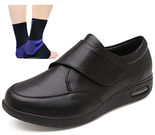 Aocase Herren Extra Weit Klettverschluss Lederschuhe Diabetiker Schuhe für Geschwollene Füße Gesundheitsschuhe Senioren Breite Füße Arthritis Orthopädische Hausschuhe,Schwarz,43.5EU