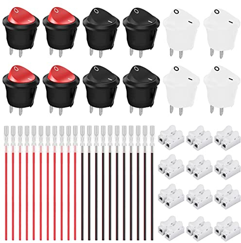 Xiatiaosann Lot de 12 interrupteurs à bascule ronds AC 6A/250V 10A/125V SPST Mini bouton-poussoir marche/arrêt 3 couleurs (noir/rouge/blanc) 2 broches 2 positions interrupteur à bascule rond
