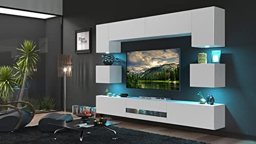 Furnitech Wohnwand Wohnzimmer - Wohnzimmer Möbel mit LED Blau - Hängend Wohnwand Modern - Wohnzimmer Schrankwand mit Regale und TV Schrank (Besta DAN1-17W-M8-1B Matt)
