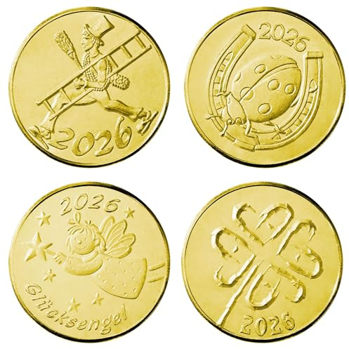 SCHWERTNER Lucky Coins Pièce de monnaie plaquée or pour Nouvel An, porte bonheur - Lot de 4 pièces porte-bonheur - Métal précieux, Métal