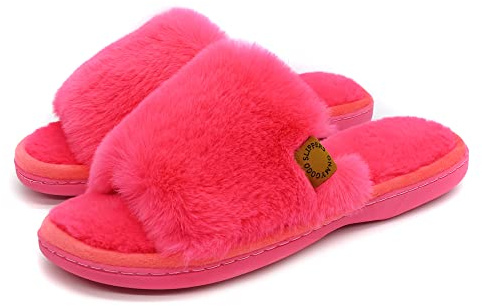 Onmygogo Pantuflas peludas de interior para mujer con suela de goma antideslizante, pantuflas de piel sintética con puntera abierta, rosa (b), 36.5/37.5 EU