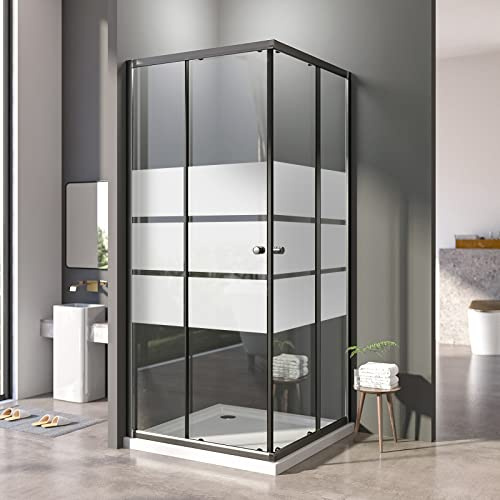 Duschkabine 90 x 90 cm Eckeinstieg Duschabtrennung Doppel Schiebetür Schwarz Duschwand 6 mm ESG Sicherheitsglas in Klarglas mit Weißen Streifen,Montage auf Duschwanne oder Fliese,Höhe 185cm