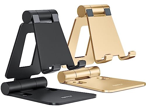 Nulaxy Dual Folding Phone Stand for Desk 2 Pack, Fully Adjustable Mobile Phone Holder Desktop Compatible with iPhone 16 15 14 13 12 11 Xs Xr X 8, HUAWEI, Samsung, All Smartphones, Black & Gold