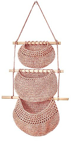 Über der Tür Hängenden Korb, Hängeorganizer 3-Tier Baumwolle Seil gewebt Veranstalter Organizer, Abnehmbare Lagerung Körbe, Wandorganizer (Rosa)