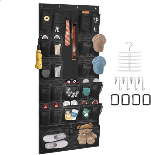BOHEMIABY Schuhaufbewahrung Hängend 24 GroßE Taschen, Multifunktional Schuhorganizer Platzsparend, Tür Organizer mit 4 Haken 28 Vordertasche Usw.für Schlafzimmer, Wohnzimmer, Schwarz