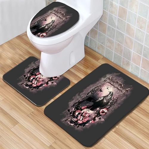 Badezimmerteppich Set Krähen- und Totenkopfmuster 3D Drucken Badematten Saugfähige Teppich Badteppiche Toilettensitzbezug Mat U-Förmige Matte 3-Teiliges Badezimmer Set
