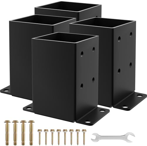 4x4 Post Base 4PCS, Inner Size 3.5x3.5 Inch Fence Post Anchor, Rust-Proof Heavy Duty Metal Black Powder-Coated Railing Post Brackets, for Support Deck, Pergola, Includes Screws