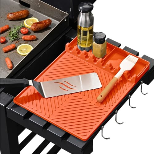 DONJIM 16 Silicone Griddle Tools Mat, 3-in-1 Grill BBQ Caddy Mat, Grill Side Shelf Mat for Barbecue Tools, Silicone Spatula Holder Mat to Protect Grill Side Shelf, Orange