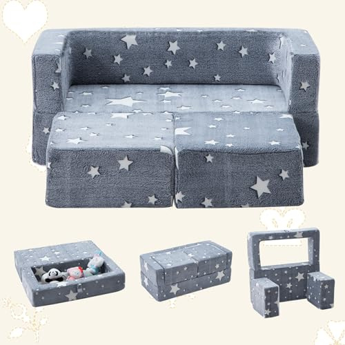 SUFUS Kids Play Couch 3-in-1 Modular Toddler Baby Couches Foam Armchair for Boys & Girls Children Convertible Sofa to Lounger Fold Out Kids Furniture Sofa Play Set, Grow in The Dark Star
