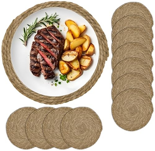 Platzset aus Seegras - Wasserhyazinthe, Tischset rund geflochten, abwischbar 32cm Tischuntersetzer rund Natur (12er Set)