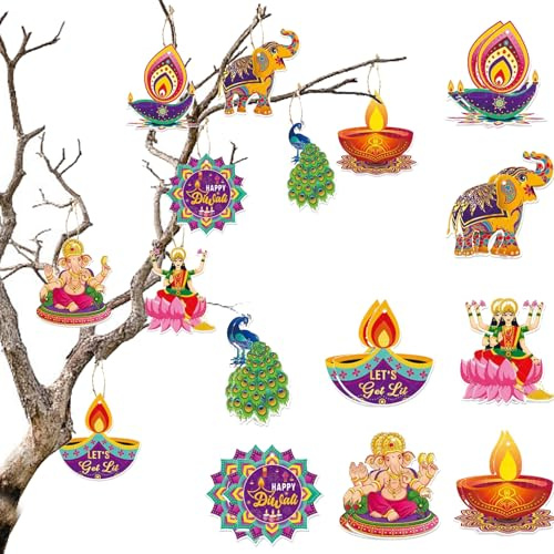 16pcs Diwali Decorations House Hanging Ornaments Indian Wedding Birthday Party Decorations Paper Pendants with Hanging Cords for Wall Ceiling Tree Decoration