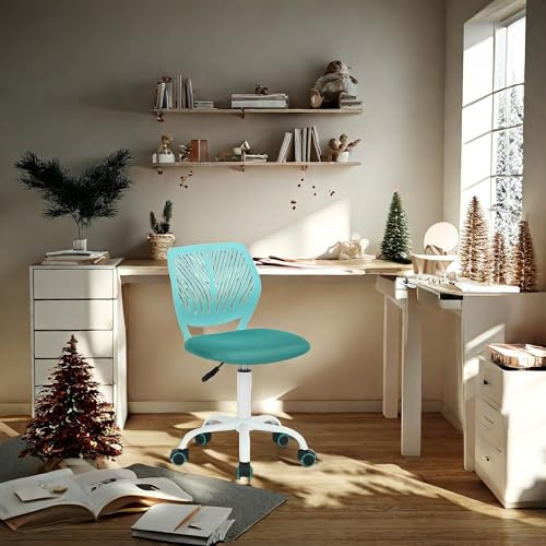 FurnitureR Teens Mädchen Task Chair 360 Swivel Low Mid PP Mesh Back Fabric Sitz Höhenverstellbare Rollrolle, Fabric Turquoise