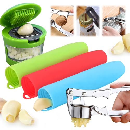 5 pieces set Silicone garlic peeler 4 in 1 Stainless steel Garlic press 2 in 1 Garlic Cutter;silicone tube roller peel garlic;garlic crusher;garlic mincer,garlic chopper;garlic masher