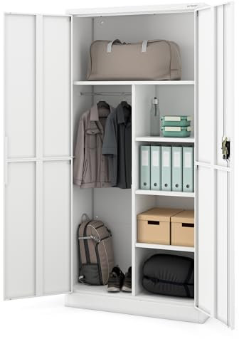 Jan Nowak Armadio in acciaio, 185 x 90 x 40 cm, armadietto da ufficio fino a 50 raccoglitori, 4 ripiani regolabili, serratura a tre punti, colore bianco