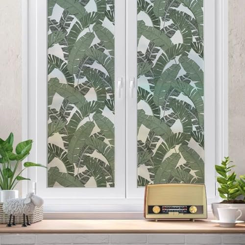 Milchglasfolie Schwarze Grüne Blätter Fensterfolie Selbstklebend Milchglasfolie Fenster Bad Fenster Sichtschutzfolie Fensterfolie Blickdicht Folie für Fenster Folie Fenster Sichtschutz 40x120cm/3 Pcs