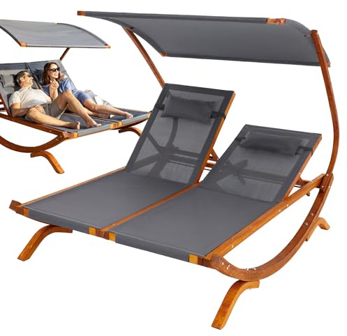 di volio Sonnenliege mit Dach Pionza, Doppelliege mit Verstellbarer Rückenlehne, Gartenliege aus Holz für 2 Personen - wetterfest & bequem (Grau)