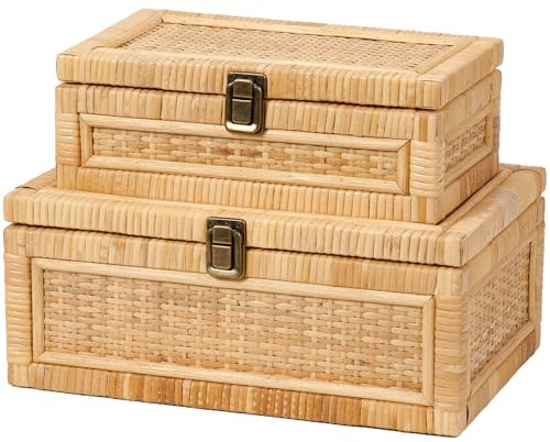VinneGenzz Lot de 2 boîtes rectangulaires décoratives en rotin naturel avec couvercle - Style bohème - Fait à la main - Pour souvenirs, bijoux, bureau, placard (1 grande, 1 petite)