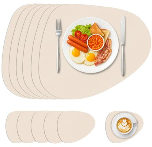 Sevenpers Tischsets Abwaschbar,Tischset Leder and Untersetzer 6er Set,Wasserdicht rutschfest Platzdeckchen Platzsets für Hause Küche Restaurant und Hotel,Hellweiß,42x33cm
