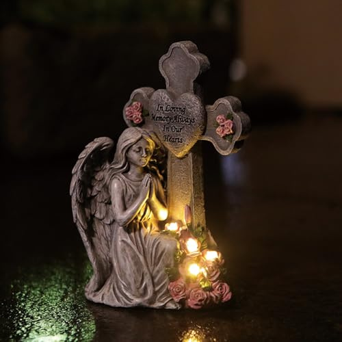 Solar Engel Gartenfiguren, Gebetsengel Solarleuchte, Schutzengel betend mit Kreuz Figur Lichter Harz Memorial Skulptur Solarbetriebenes Friedhofslicht für Gräber,Friedhof,Terrasse,Hof Dekoration (B)