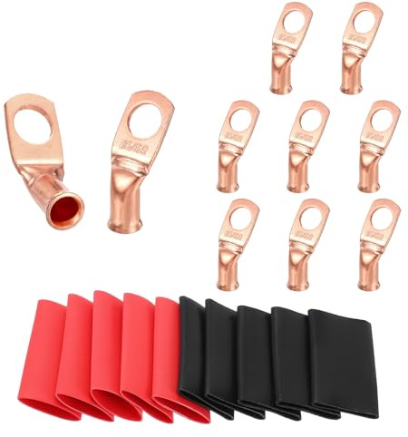 sourcing map 10 capicorda in rame piegato a 45°, 8 AWG, terminali per batteria, calibro 8 da 5/16, connettori terminali ad anello con 10 tubi termorestringenti 3:1 nero e rosso