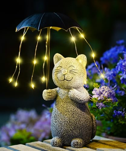 Yeomoo Katzen Gartendeko mit Solar LED Regenschirm 20cm Geschenk Höhe Grau | Katzenfigur mit Lichterkette, Geschenk für Frauen Mama Katzenliebhaber, Wetterfeste Garten Terrasse Wohnzimmer Deko