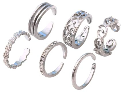 Toe Rings for Women, 6PCS Adjustable Sterling Silver Toe Ring Set with Vintage Minimalist Design for Beach, Outings, and Gatherings