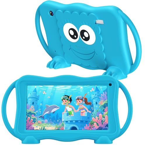 TUNUYEXST Kids Tablet 7 Inch Tablets for Kids 3-12, 32GB Toddler Tablet with Dual Camera, Parental Control, Solid Case, WiFi, GMS, Android Learning Software Installed (Blue)