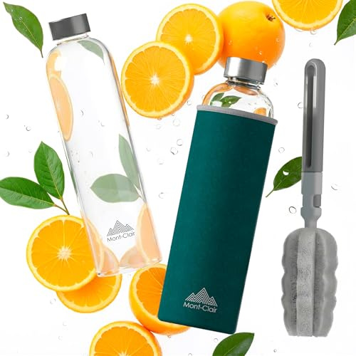 Mont-Clair Kristal Borosilikatglas Trinkflasche 1L - Wasserflasche Glas mit Neoprenhülle - Auslaufsicher + BPA-frei - Für heiße & kalte Getränke - Ideal für Reisen, Fitnessstudio - Grün
