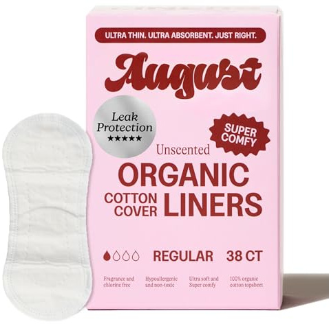 August Organic Panty Liners for Women, Made with Organic Cotton, 38 Daily Liners for Women, Toxin & Fragrance Free, Hypoallergenic Cotton