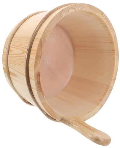 SEWACC Saunaeimer aus Naturholz 4L mit Schöpfkelle und Kunststoffeinsatz Saunazubehör für Dampfbad und Fußbad Langlebiges Heimsaunafass mit Ergonomischem Griff