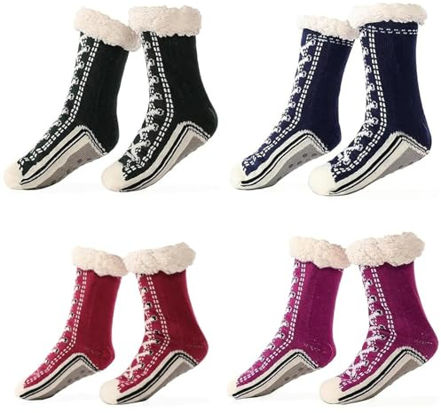 Unisex tjock kashmirtoffel hemstrumpor fluffiga plysch bekväma sovskor halkfria greppiga stövlar termiska plyschtossor, 4 st O, One Size