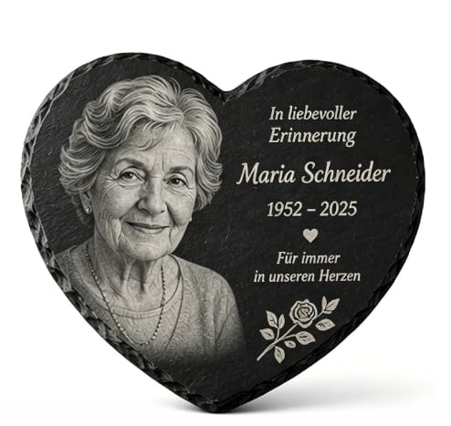 eGenuss Personalisierte Herz-Schieferplatte mit Foto & Wunschtext – Familien- & Gedenkherz aus Naturschiefer – Wetterfeste Lasergravur für Grab, Garten oder Zuhause – 20/25/30 cm