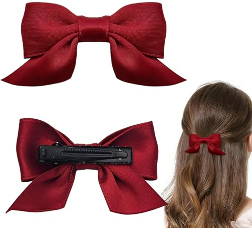 2x Haarschleifen Mädchen, Rote Haarspange Schleife Haarklammern Rutschfeste | Krokodil-Haarspangen Haarschmuck Haar Accessoire Damen Frauen für Karneval Weihnachten Hochzeit Geburtstag