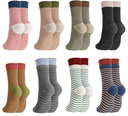 Zuimei 8 Pairs Womens Socks Crew Ankle Socks | Comfortable, 78% cotton, Breathable, Striped design, UK 2.5-6.5, Keep Feet Fresh, Easy Care, Stretch Fit