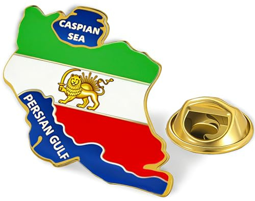Brosche mit iranischer Karte, Edelstahl, Persien, Iran-Flagge, Löwe und Sonnenkrone/Faravahar/Derafsh Kaviani, persisch, iranische Anstecknadeln, Brosche, Anstecknadel, Anstecknadel, Souvenir