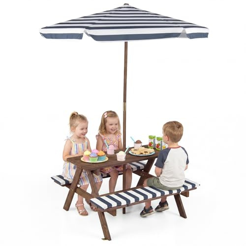 GYMAX Kids Picnic Table, Wooden Children Garden Table and Bench Set with Removable Umbrella, Outdoor Toddler Furniture Set for Boys Girls (Blue, 91 x 80 x 50cm)